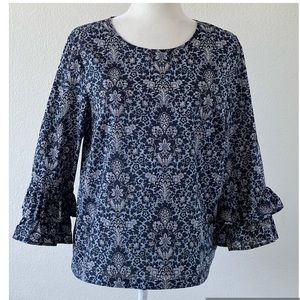 J.CREW  Size 8 Double Ruffle Sleeve Floral Print Top Blue Cotton Blouse